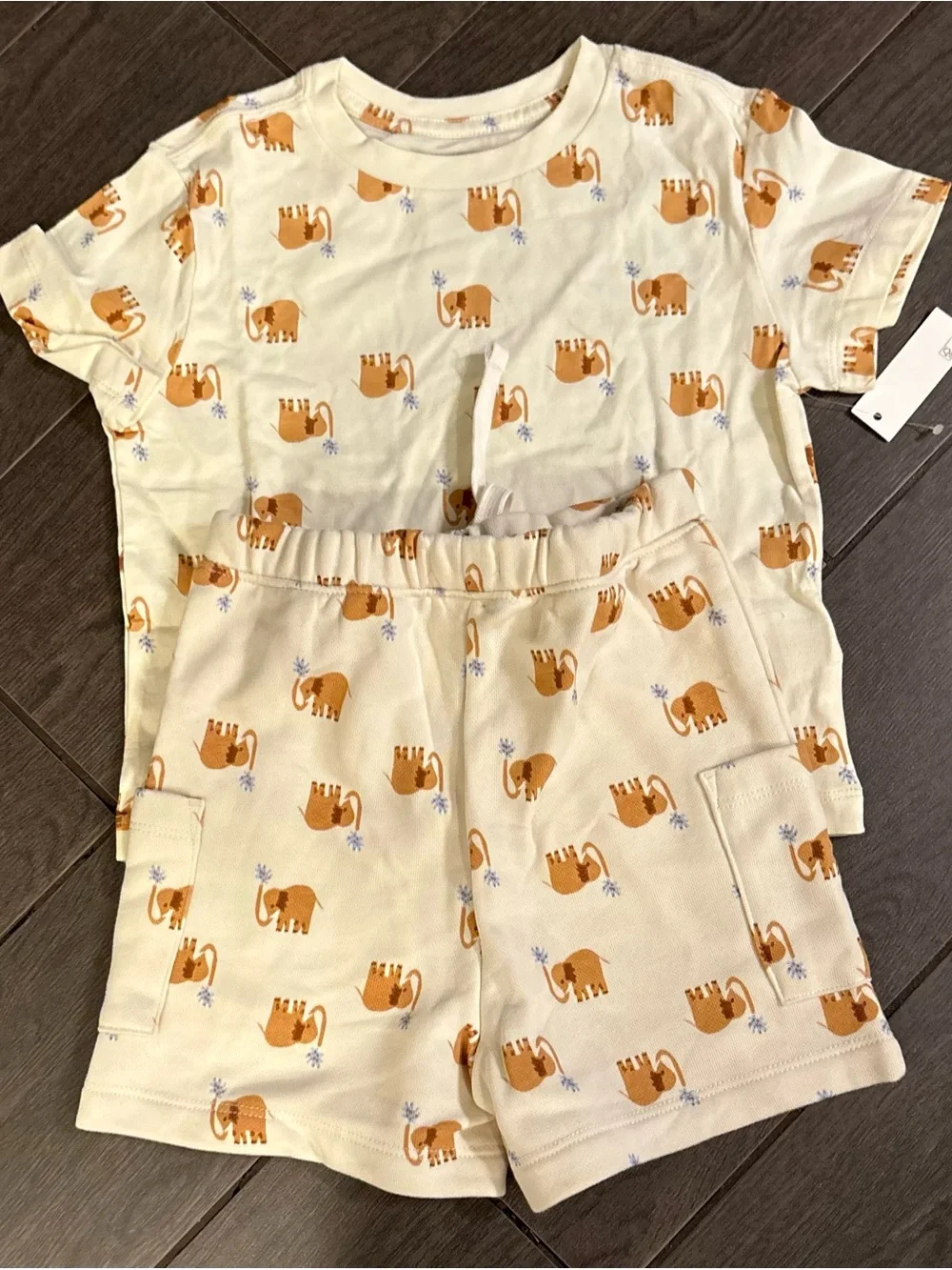 Kids Short Sleeve Pajama Set or outfit with Orange Elephant Print - Cream